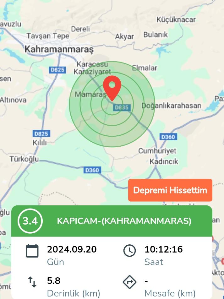 Saat :10.12′ kapıçam mevkinde 5.8 km derinlikte, 3.4 şiddetinde meydana