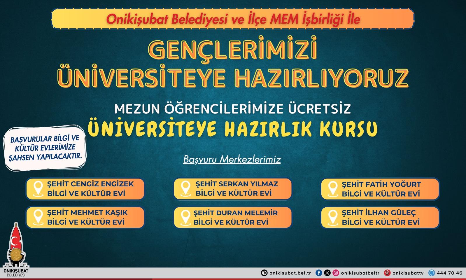 27 Ağustos’ta Onikişubat belediyesinin ücretsiz üniversite hazırlık kursuna kayıtlar başladı.