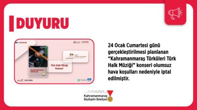 Kahramanmaraş Türküleri Türk Halk Müziği" konseri olumsuz hava koşulları nedeniyle