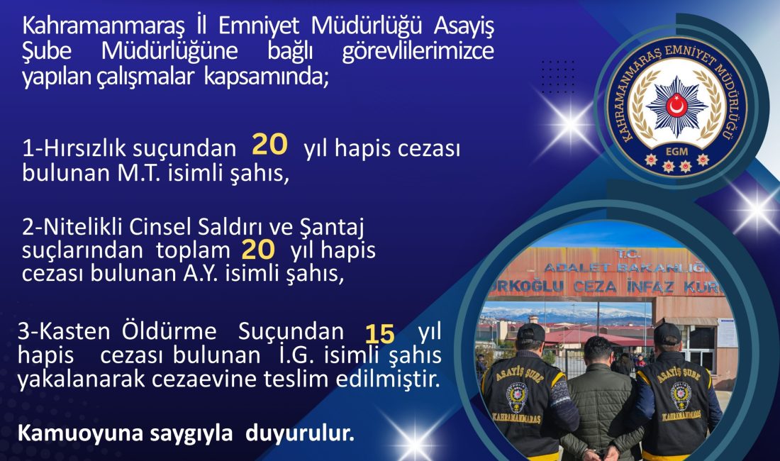 Kahramanmaraş Emniyeti Asayiş Müdürlüğünce yapılan çalışmalar neticesinde, nitelikli cinsel saldırı