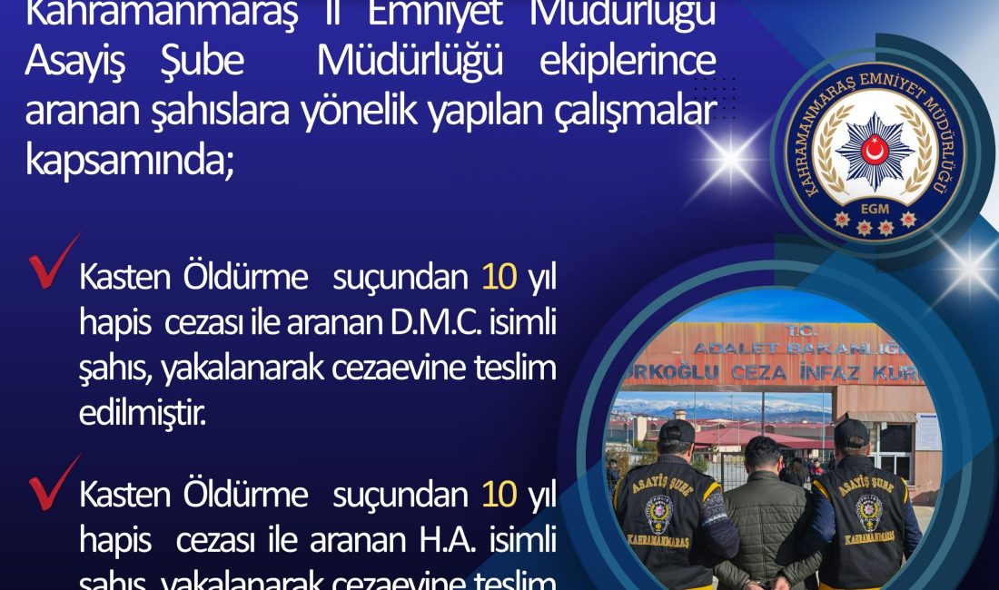 Kahramanmaraş İl Emniyet Müdürlüğü Asayiş Şube Müdürlüğü ekiplerince yapılan çalışmalarda